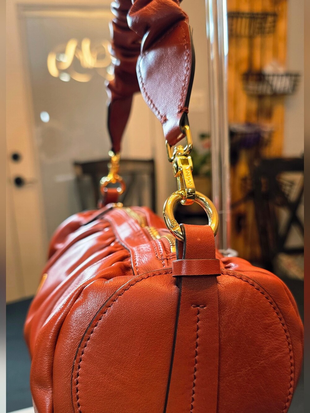 Manu Atelier Cognac Ruched Leather Shoulder Bag - Picture 4 of 16